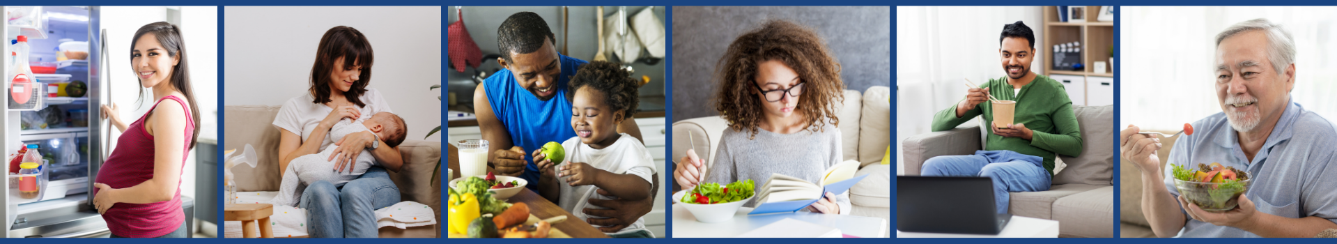 A collage of people from different life stages eating or preparing healthy food.