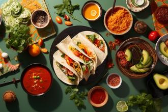 Table set with tacos and toppings. 