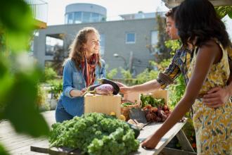 People chatting at a Farmer's Market