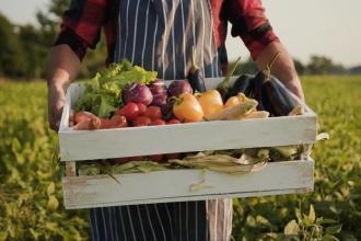 Person holding crate of fresh vegetables.
