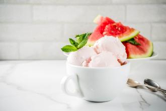Watermelon ice cream in a mug