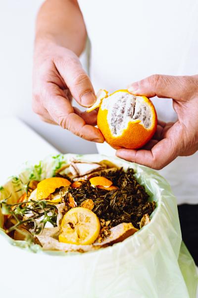 Tangerine peel being placed in a compost bin. 